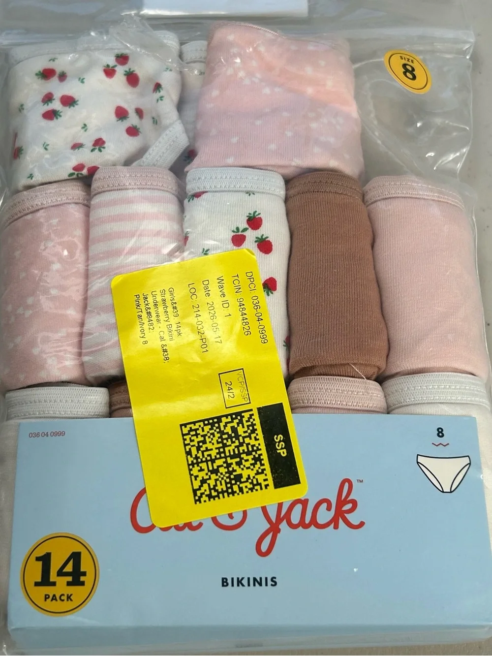 Cat & Jack Girls' Size 8 Bikinis Underwear 12 Pack Cotton Pink White Strawberry